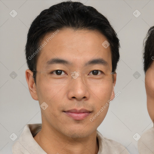 Neutral asian young-adult male with short  brown hair and brown eyes