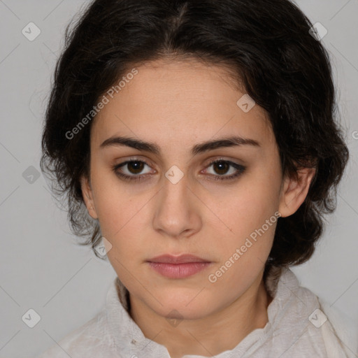 Neutral white young-adult female with medium  brown hair and brown eyes