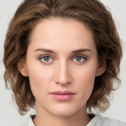 Neutral white young-adult female with medium  brown hair and grey eyes