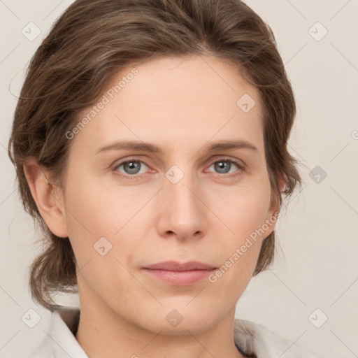 Neutral white young-adult female with medium  brown hair and grey eyes