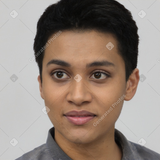 Joyful latino young-adult female with short  black hair and brown eyes