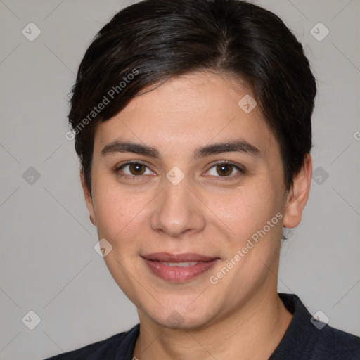 Joyful white young-adult female with short  brown hair and brown eyes