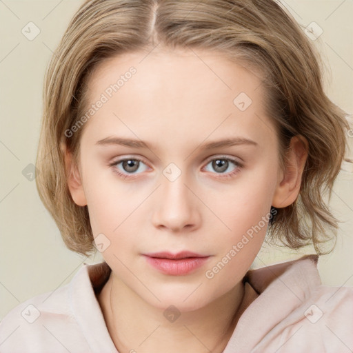 Neutral white child female with medium  brown hair and blue eyes