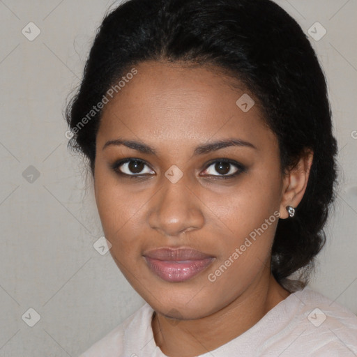 Joyful black young-adult female with medium  black hair and brown eyes