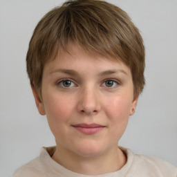 Neutral white young-adult female with short  brown hair and brown eyes