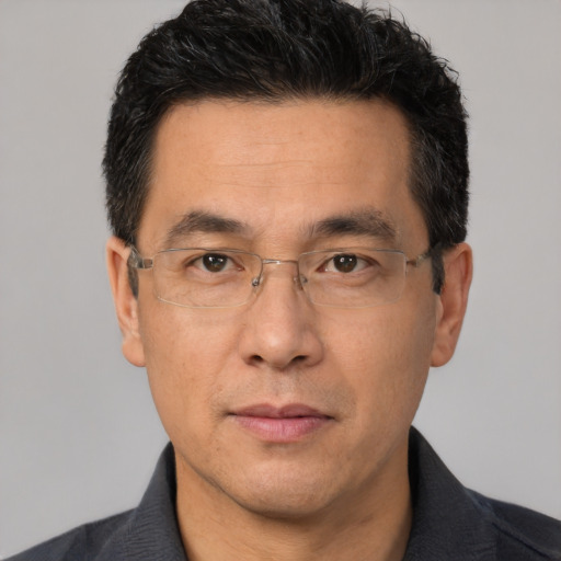 Neutral white adult male with short  black hair and brown eyes