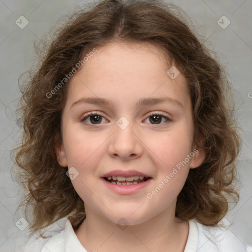 Joyful white child female with medium  brown hair and brown eyes