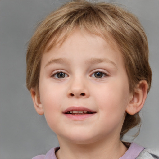 Joyful white child female with medium  brown hair and blue eyes