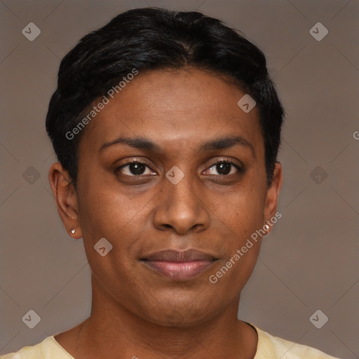 Joyful black young-adult female with short  black hair and brown eyes