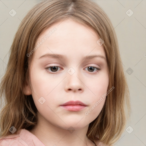 Neutral white child female with medium  brown hair and blue eyes