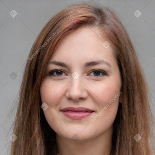 Joyful white young-adult female with long  brown hair and grey eyes