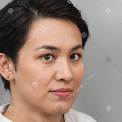 Joyful white young-adult female with medium  brown hair and brown eyes