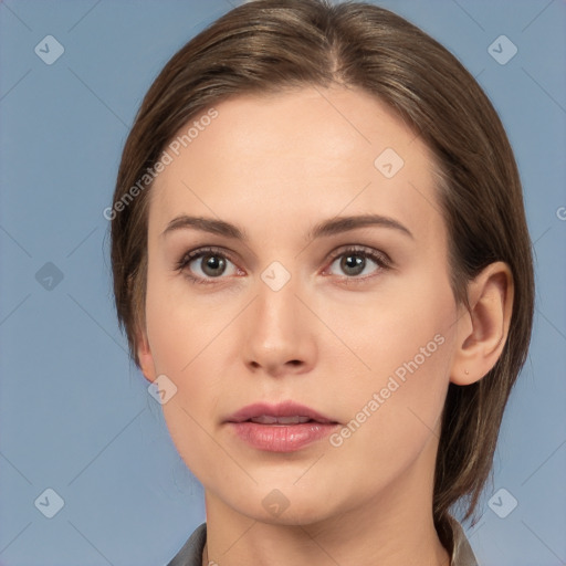 Neutral white young-adult female with medium  brown hair and brown eyes