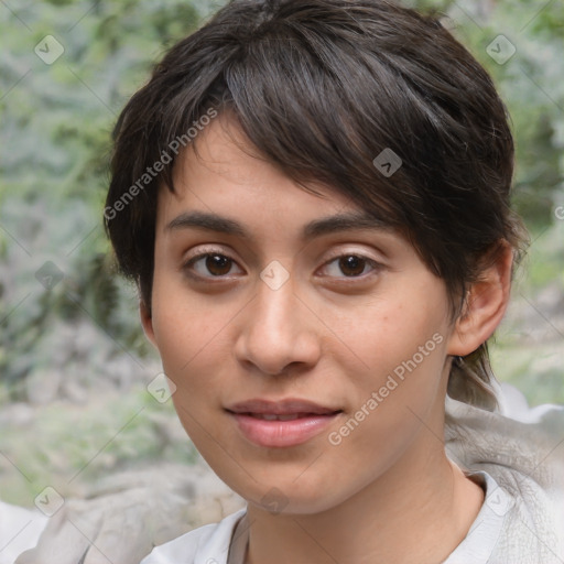 Joyful white young-adult female with medium  brown hair and brown eyes