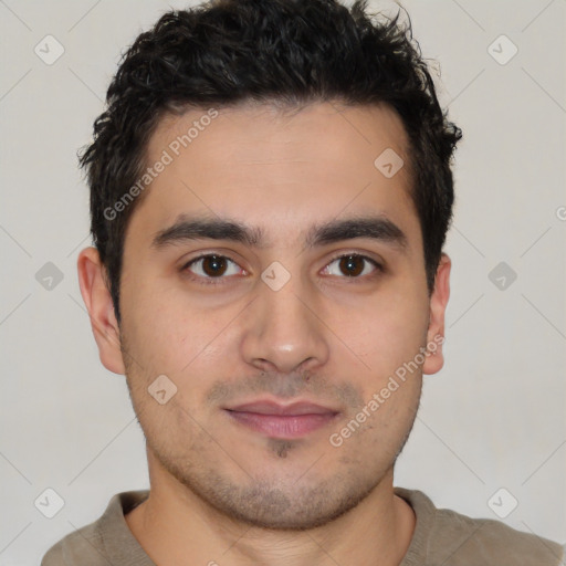 Neutral latino young-adult male with short  brown hair and brown eyes