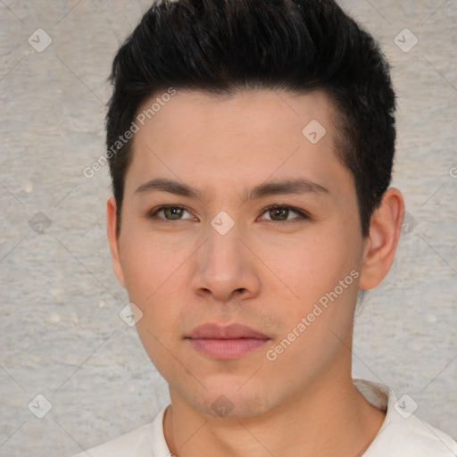 Neutral asian young-adult male with short  brown hair and brown eyes