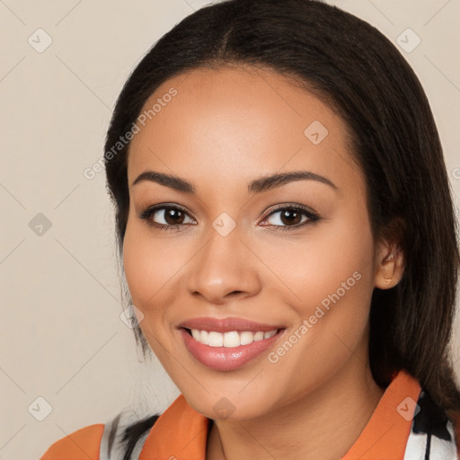 Joyful white young-adult female with long  black hair and brown eyes