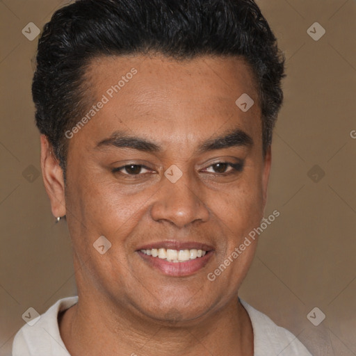 Joyful latino young-adult male with short  brown hair and brown eyes