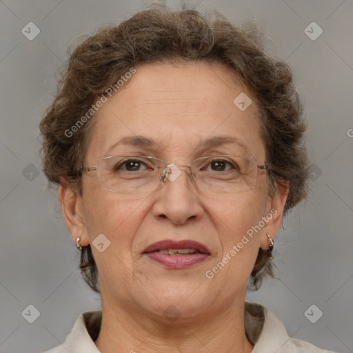 Joyful white middle-aged female with short  brown hair and brown eyes