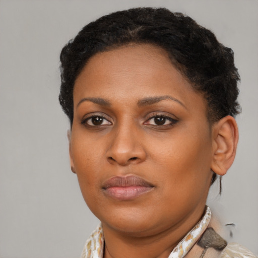 Neutral black young-adult female with short  brown hair and brown eyes