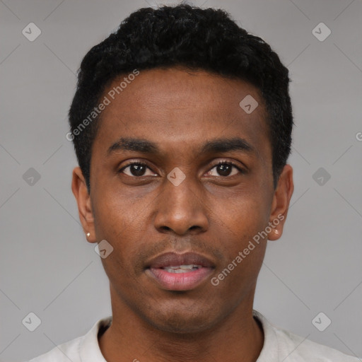 Neutral black young-adult male with short  black hair and brown eyes