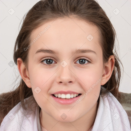 Joyful white child female with medium  brown hair and brown eyes