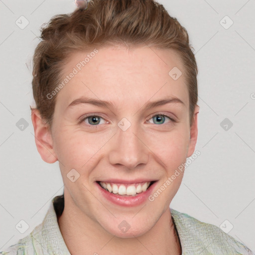 Joyful white young-adult female with short  brown hair and blue eyes