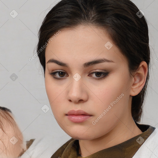 Neutral white young-adult female with medium  brown hair and brown eyes