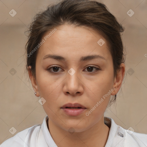 Neutral white young-adult female with short  brown hair and brown eyes