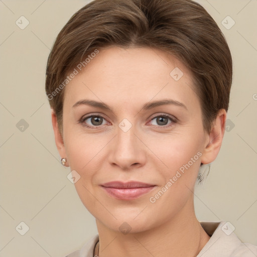 Joyful white young-adult female with short  brown hair and grey eyes