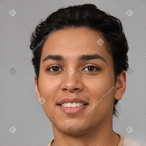 Joyful latino young-adult female with short  brown hair and brown eyes