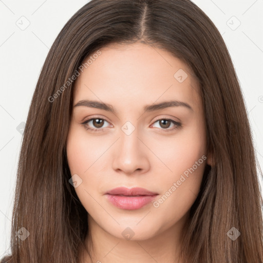 Neutral white young-adult female with long  brown hair and brown eyes