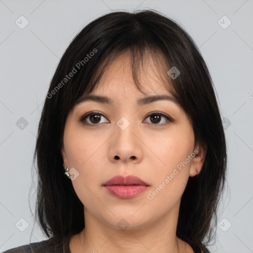 Neutral asian young-adult female with medium  brown hair and brown eyes