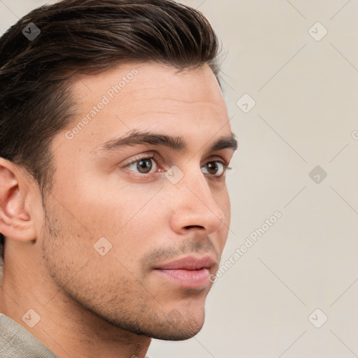 Neutral white young-adult male with short  brown hair and grey eyes