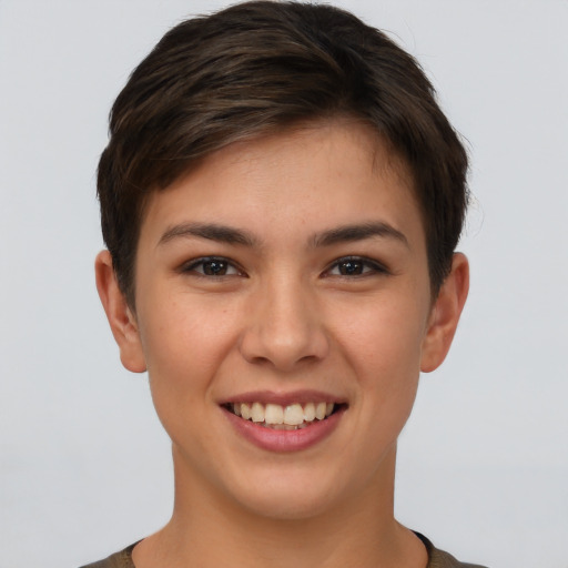 Joyful white young-adult female with short  brown hair and brown eyes