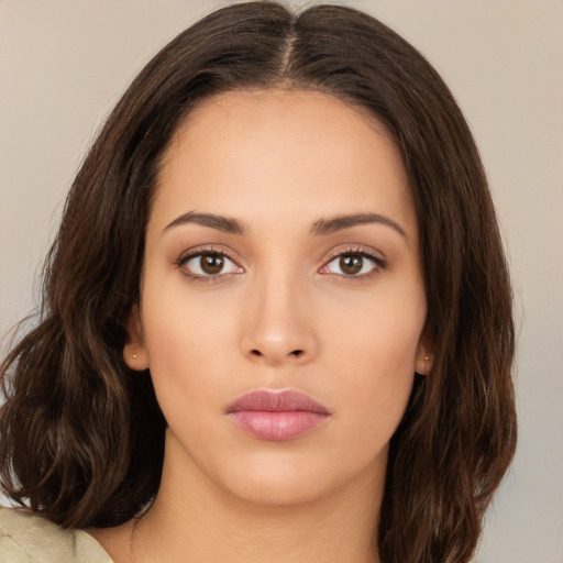 Neutral white young-adult female with medium  brown hair and brown eyes