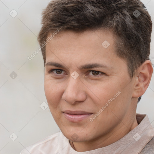 Joyful white adult male with short  brown hair and brown eyes