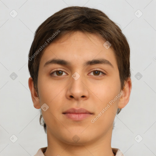 Neutral white young-adult male with short  brown hair and brown eyes