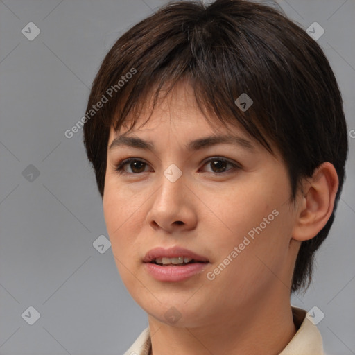 Neutral white young-adult female with medium  brown hair and brown eyes