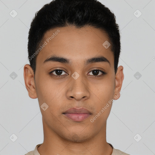 Neutral latino young-adult male with short  black hair and brown eyes