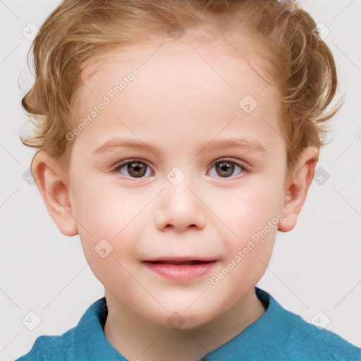 Joyful white child female with short  brown hair and grey eyes