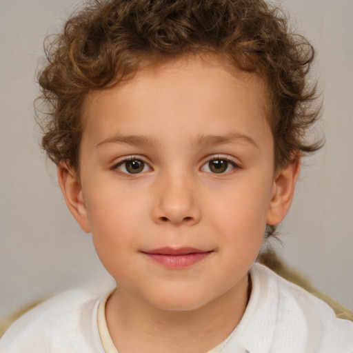 Joyful white child female with short  brown hair and brown eyes