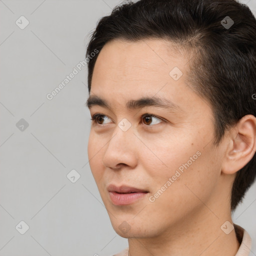 Neutral white young-adult male with short  brown hair and brown eyes