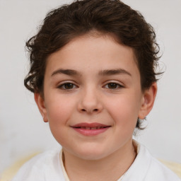 Joyful white child female with short  brown hair and brown eyes