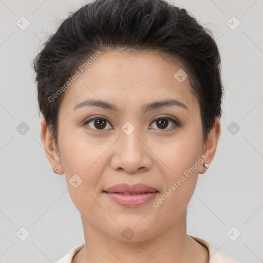 Joyful white young-adult female with short  brown hair and brown eyes