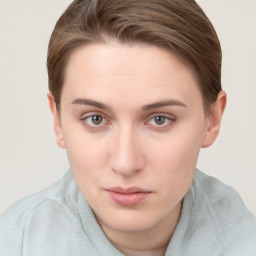 Neutral white young-adult female with short  brown hair and brown eyes