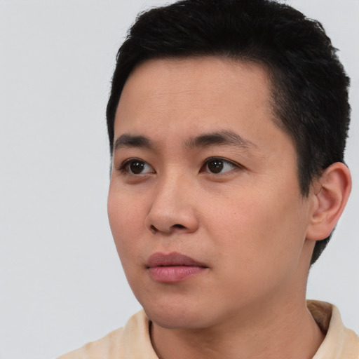 Neutral asian young-adult male with short  black hair and brown eyes