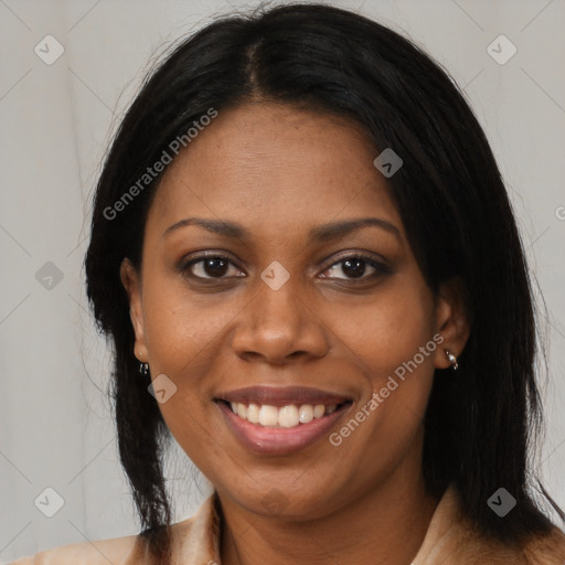 Joyful black young-adult female with medium  brown hair and brown eyes