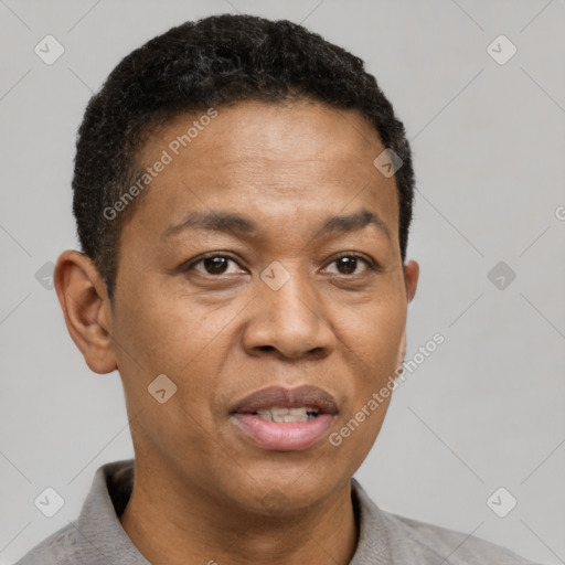 Joyful black adult male with short  brown hair and brown eyes
