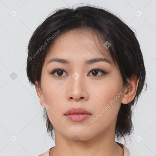 Neutral asian young-adult female with medium  brown hair and brown eyes